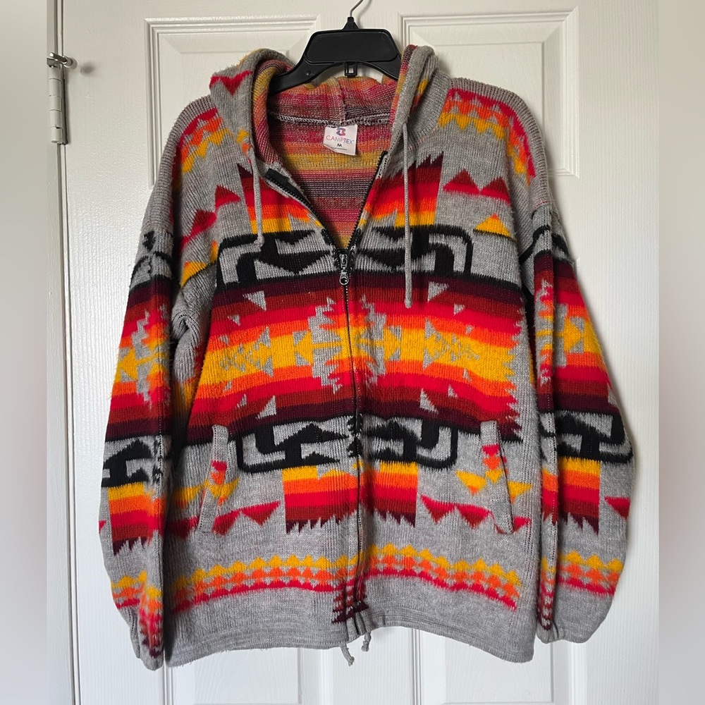 CAMPTEX 100% Wool Aztec Southwest Full Zip Hooded Sweater Size Medium Gray